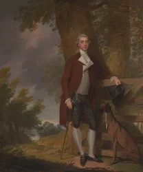 Ein Herr und sein Hund in einer Landschaft